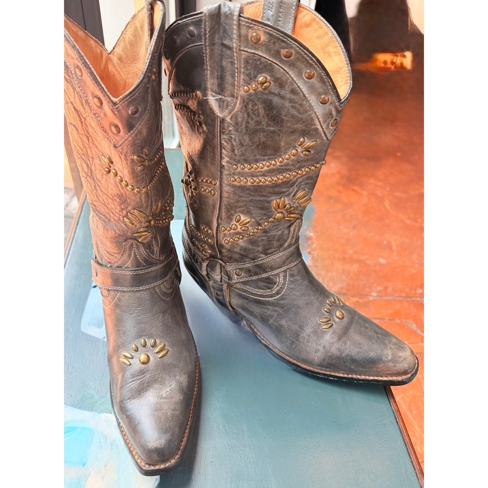 Bed Stu Cobbler Series Women's 9 Studded‎ Harness Leather Boots Gray Brown